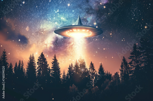 A flying saucer is shining in the night sky, hovering over Scandinavian forests