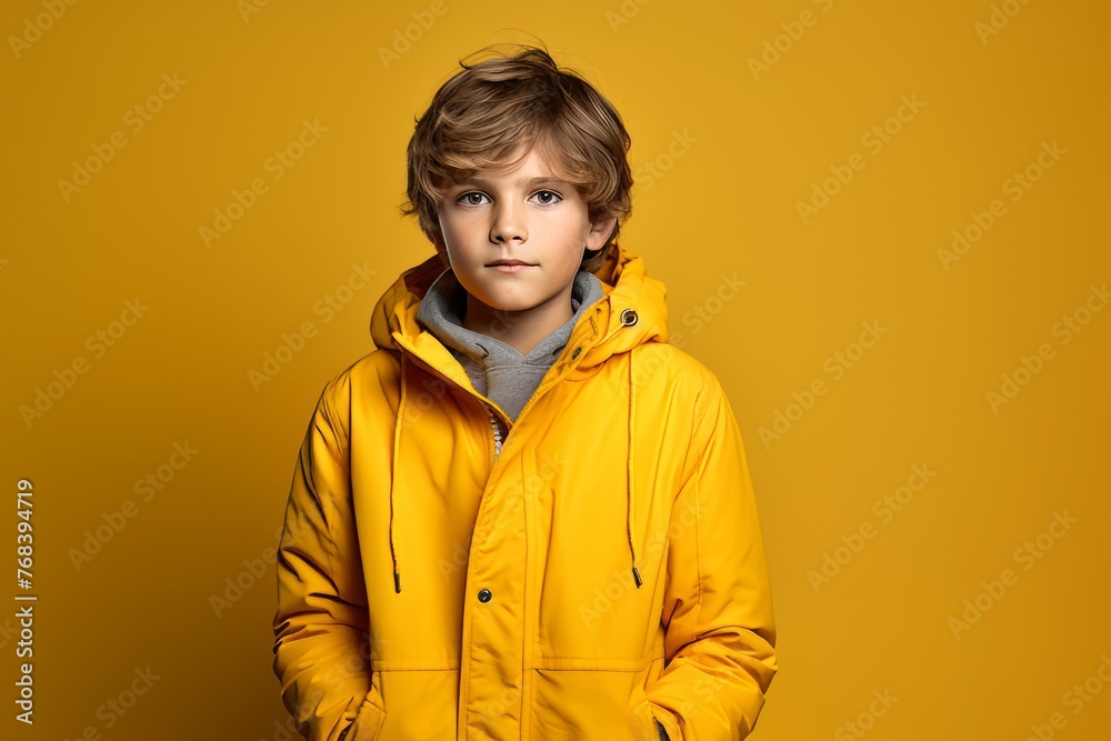Portrait of a cute little boy in a yellow jacket on a yellow background. Portrait of a cute little boy in a yellow jacket on a yellow background.