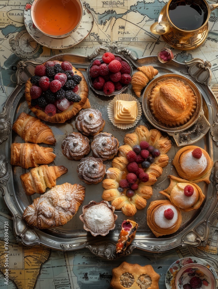 A top view of various freshly baked pastries elegantly arranged on a vintage ornamental tray A top view of various freshly baked pastries elegantly arranged on a vintage ornamental tray
