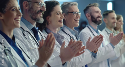 A group of happy doctors clapping and smiling in front of the camera, with some standing behind them to give their support.