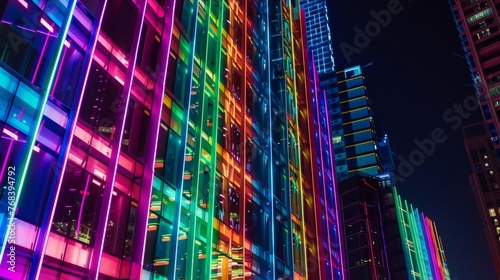 A night scene with colorful LED lights powered by solar energy dancing across the facades of buildings highlighting the citys commitment . AI generation.