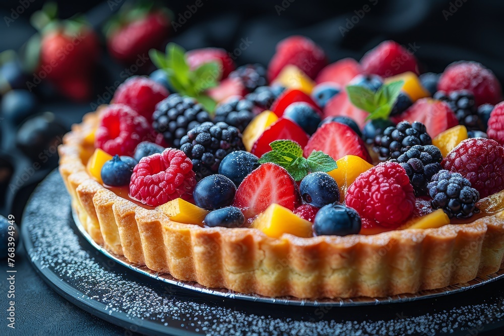 Delicious looking fruit tart with vibrant strawberries, blueberries, and mango on a sweet pastry base