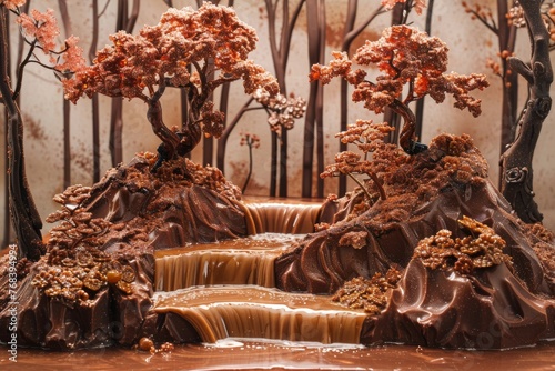 Fototapeta Naklejka Na Ścianę i Meble -  An artistic creation of trees made from chocolate with flowing caramel waterfall set in a studio