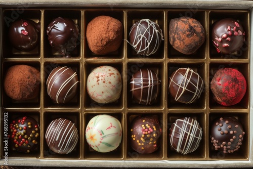 A box filled with elegant chocolate bonbons, a perfect gift for chocolate aficionados photo
