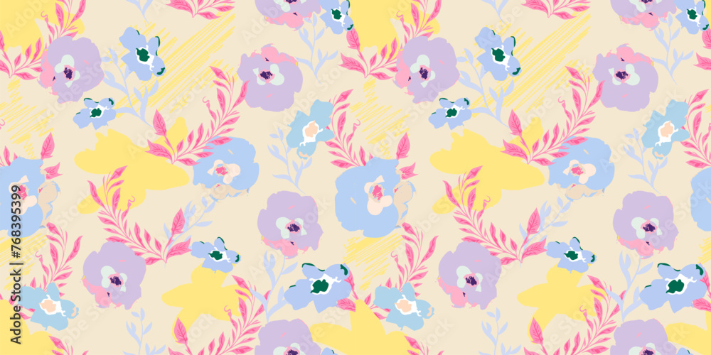 Bright watercolor feminine seamless pattern. Summer floral seamless background. Plant background for swimsuit, dresses, wallpapers. A lot of different flowers on the field.