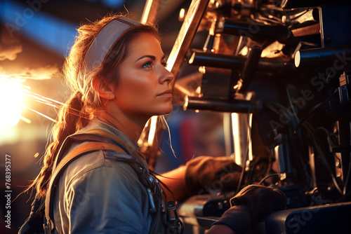 female mechanic working on a machine