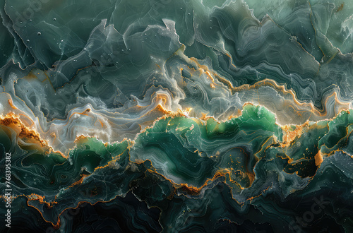 Abstract background, emerald and gold marble texture, dark background. Created with Ai