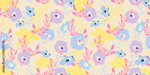 Bright watercolor feminine seamless pattern. Summer floral seamless background. Plant background for swimsuit  dresses  wallpapers. A lot of different flowers on the field.