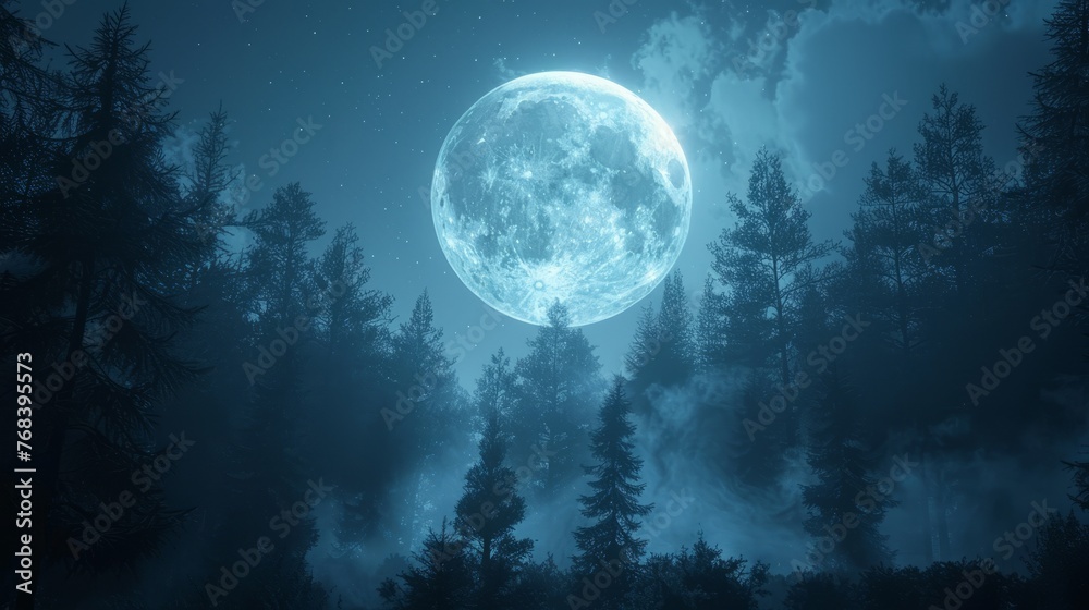 Naklejka premium Mystical Nightscape, Enchanted Forest Bathed in Moonlight's Ethereal Glow