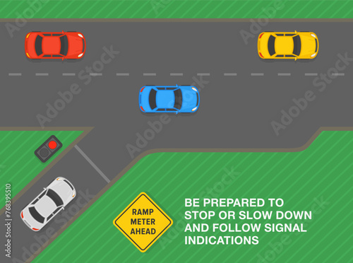 Safe driving tips and traffic regulation rules. Top view of a car approaching the ramp meter. "Ramp meter ahead" sign meaning. Flat vector illustration template.
