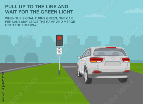 Safe driving tips and traffic regulation rules. Back view of suv approaching the ramp meter. Pull up to the line and wait for the green light. Flat vector illustration template.