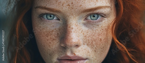A young woman with a sprinkling of freckles on her facial skin, showcasing natural beauty and individuality
