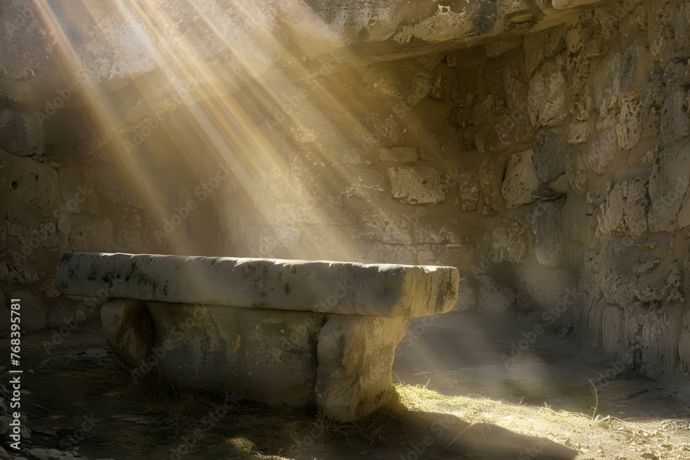 Symbolic Representation of Jesus Christ's Resurrection through Dramatic Artistic Editing of an Empty Stone Tomb with Strong Light Rays. Concept Resurrection, Symbolism, Jesus Christ, Dramatic Art - obrazy, fototapety, plakaty 