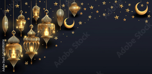 Glamorous Ramadan Decor of Elegant Black and Gold Background with Ornamental Lanterns