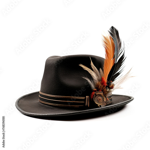 Special hat band with feather on hat isolated on white background