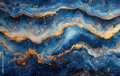 An abstract marble pattern in dark blue, white and golden colours. Created with Ai