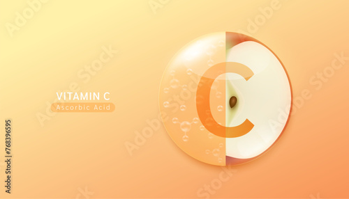 Fresh red apple slice and serum gel solution. High vitamin C essential to the health. Natural alternative dietary supplements. Fruits rich in vitamins minerals. Vector illustration.
