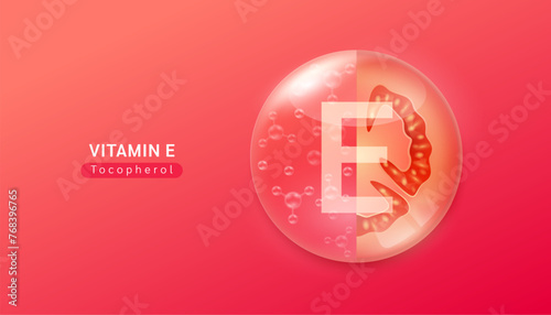 Fresh tomato slice and red serum gel solution. High vitamin E essential to the health. Natural alternative dietary supplements. Fruits rich in vitamins minerals. Vector illustration.