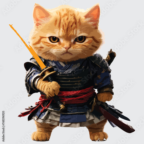 Cat Samurai With Sword Icon logo Illustration. Animal Sport Icon Concept Isolated Premium Vector. Flat Cartoon Style isolated sticker ninja cat