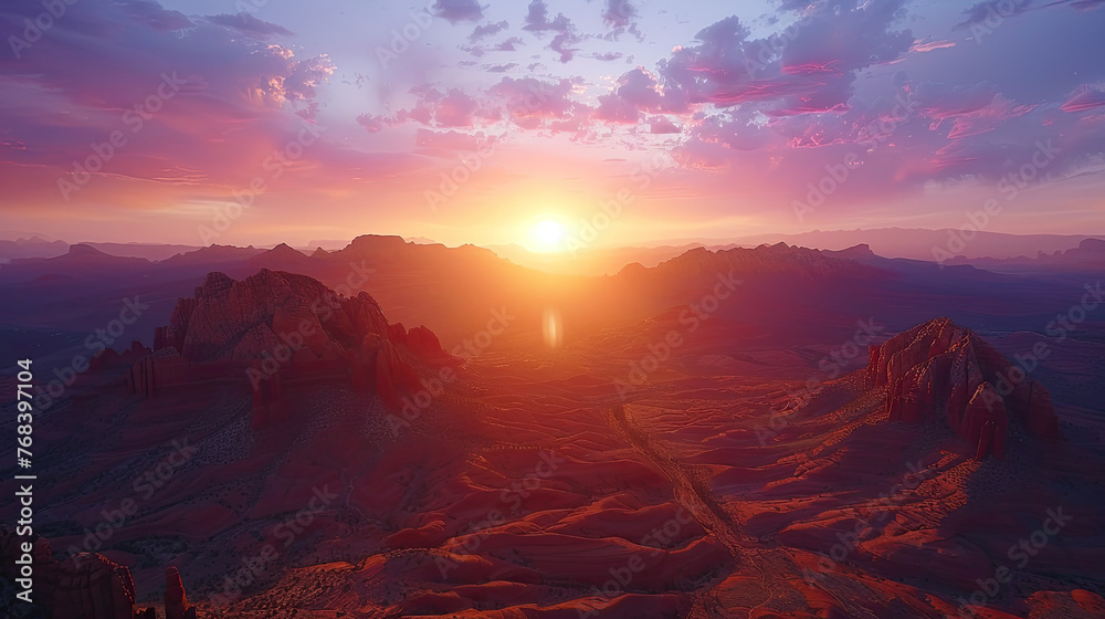 Sunset in the mountains, Beautiful view. Created with Ai