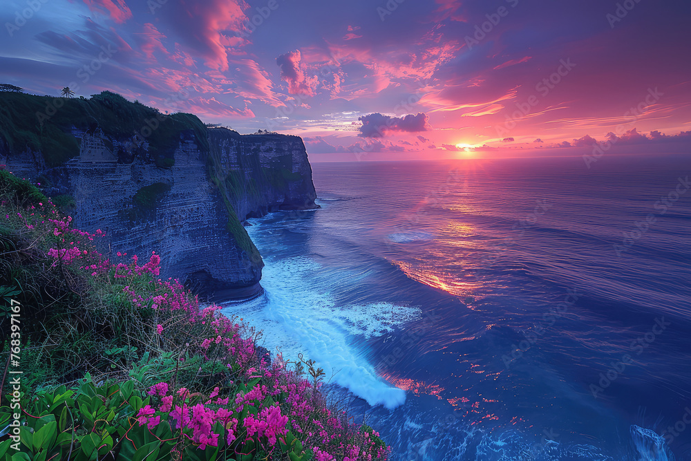 Bali sunset at Uuschuni temple, cliff overlooking ocean with pink flowers and purple sky, epic landscape photography. Created with Ai - obrazy, fototapety, plakaty 