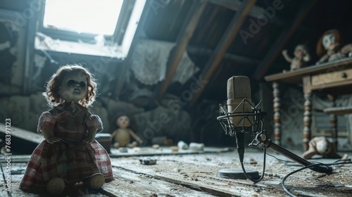 Creepy, abandoned attic with a vintage microphone set for a horror podcast, eerie dolls in view