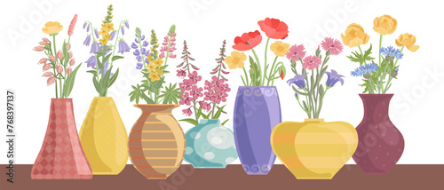 vector drawing vases with wild flowers, flowerpots with bouquets, hand drawn illustration
