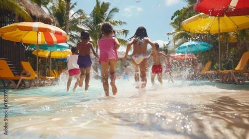 A group of children running and playing in a shallow pool which is entirely powered by solar energy. Palm trees and colorful umbrellas . AI generation. © Justlight