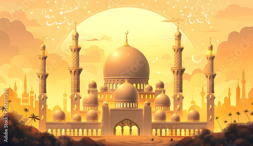 Beautiful golden mosque illustration background for eid mubarak celebrations and religious events.