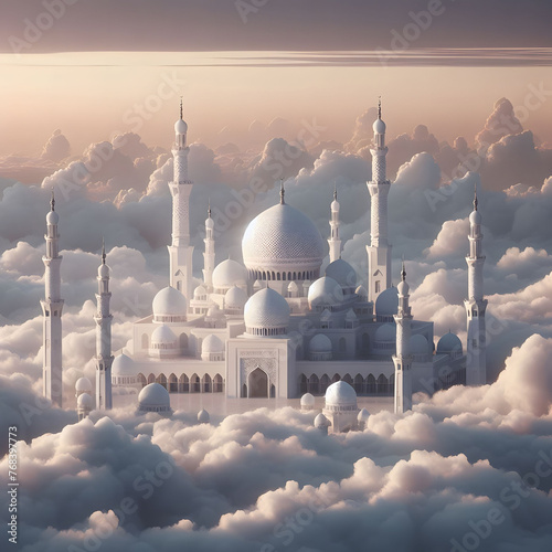 white mosque illustration with cloud and blue sky © JimzStd