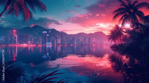 A futuristic cityscape with neon-lit skyscrapers reflecting in a serene and calm lake  surrounded by majestic mountains.  Generative ai.