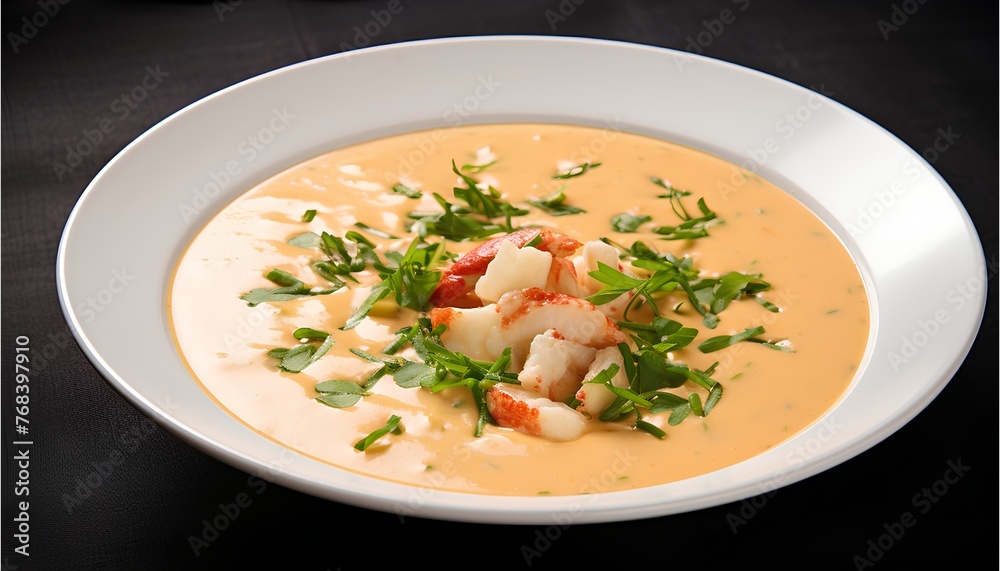 Lobster Bisque, classic creamy and smooth, seasoned soup from lobster and aromatics, cinematic food photo Lobster Bisque, classic creamy and smooth, seasoned soup from lobster and aromatics, cinematic food photo