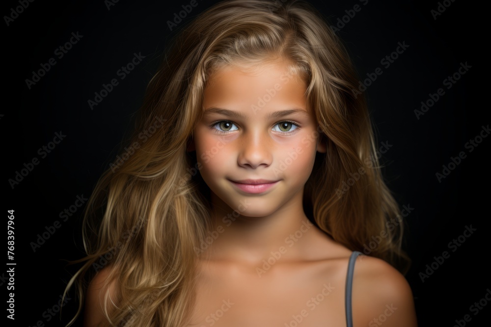 Portrait of a beautiful little girl on a black background. Close-up. Portrait of a beautiful little girl on a black background. Close-up.