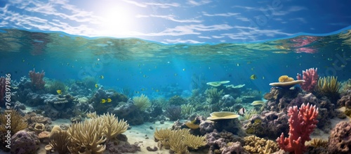 An underwater coral reef with sunlight streaming through the water, creating a breathtaking natural landscape in the ocean with coastal and oceanic landforms
