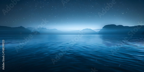  A Serene Scene of Deep Blue Reflections and Moonlit Waterside Calm 