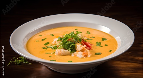 Lobster Bisque, classic creamy and smooth, seasoned soup from lobster and aromatics, cinematic food photo