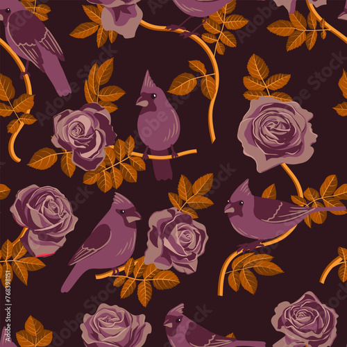 vector seamless pattern with drawing birds and rose branches with flowers and leaves, hand drawn nothern cardinals,natural cover design