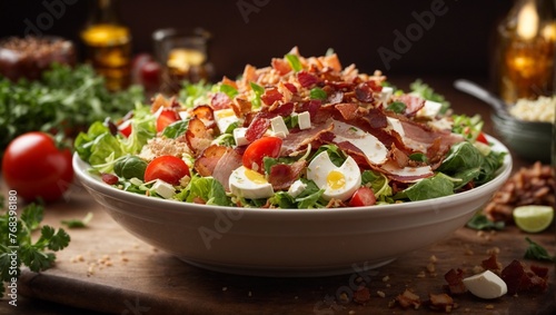 Vegetable salad with cheese, egg, and diced bacon in bowl, cinematic food photography 