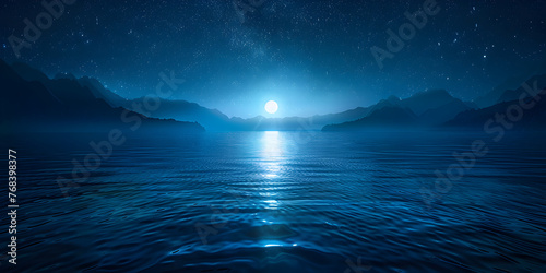 Moonlit Reflections and Dark Blue Elegance in a Midnight Oasis of Deep Blue Peacefulness