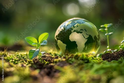 A clear glass Globe Resting next to a green sprout on Green Moss: Environmental Conservation Concept