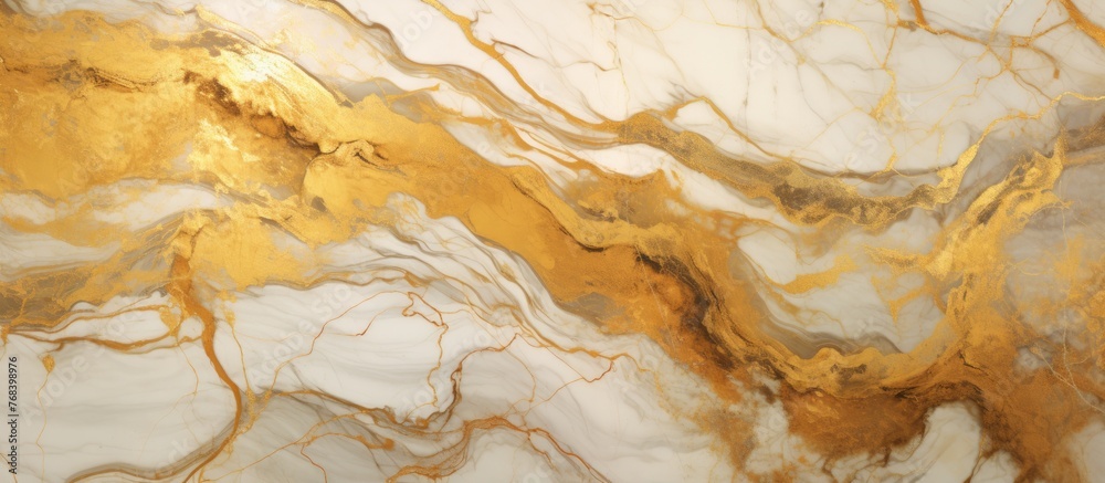 Close-up view of a glossy marble surface meticulously detailed with shimmering gold paint