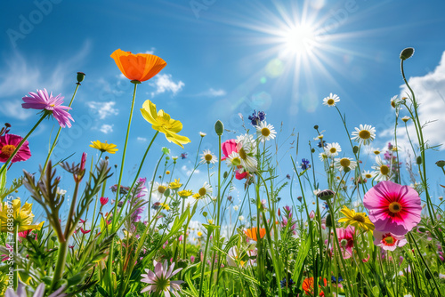 Flowers on the background of blue sky and sun. Spring Blossoms  Vibrant Flower Meadow. 