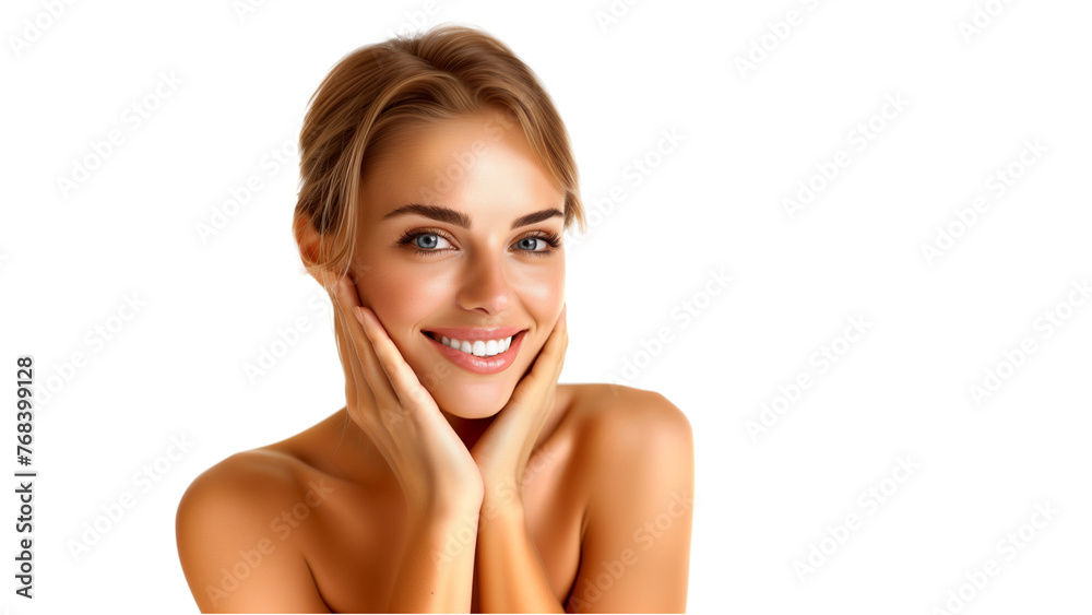 Obraz premium Smiling young blond woman touching her flawless skin. Transparent background. Perfect for advertising skin care products