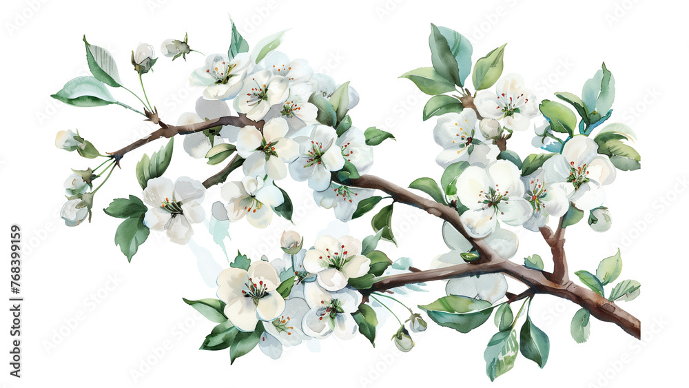 Fototapeta premium Spring flowers on tree branch - Watercolor Illustration. Greenery Vibes. Isolated on transparent background. Greeting or wedding card decoration.