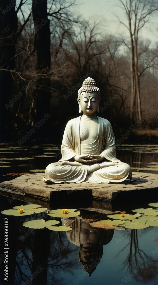 Serene Buddha statue meditating by a calm pond, with candles creating an atmosphere of tranquility