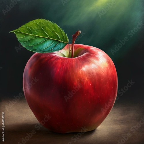 a captivating still life painting featuring a red apple with a vibrant green leaf against a dark background. Utilize rich, contrasting colors to draw attention to the focal point of the composition, w