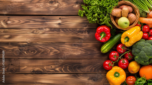 Fresh vegetables and fruits on wooden background.  