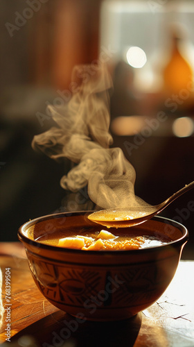 A bowl of hot soup emitting steam, a spoonful being sipped in a cozy, warm setting