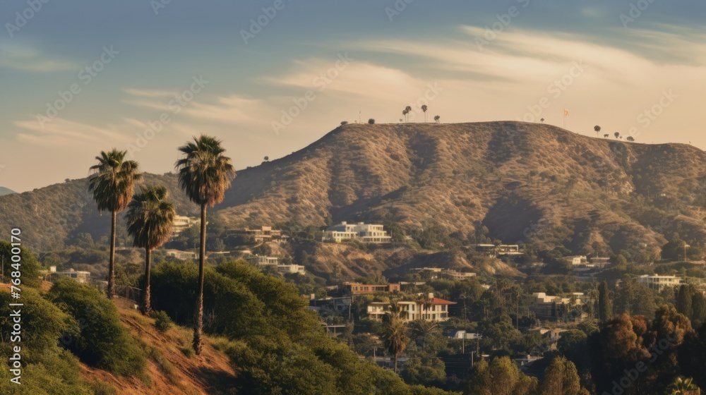 Famous Hollywood Sign in Mount Lee, Aerial view of the Hollywood hills.