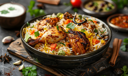Spicy and flavorful Indian chicken biryani served in a golden bowl, perfect for festive celebrations and special occasions.